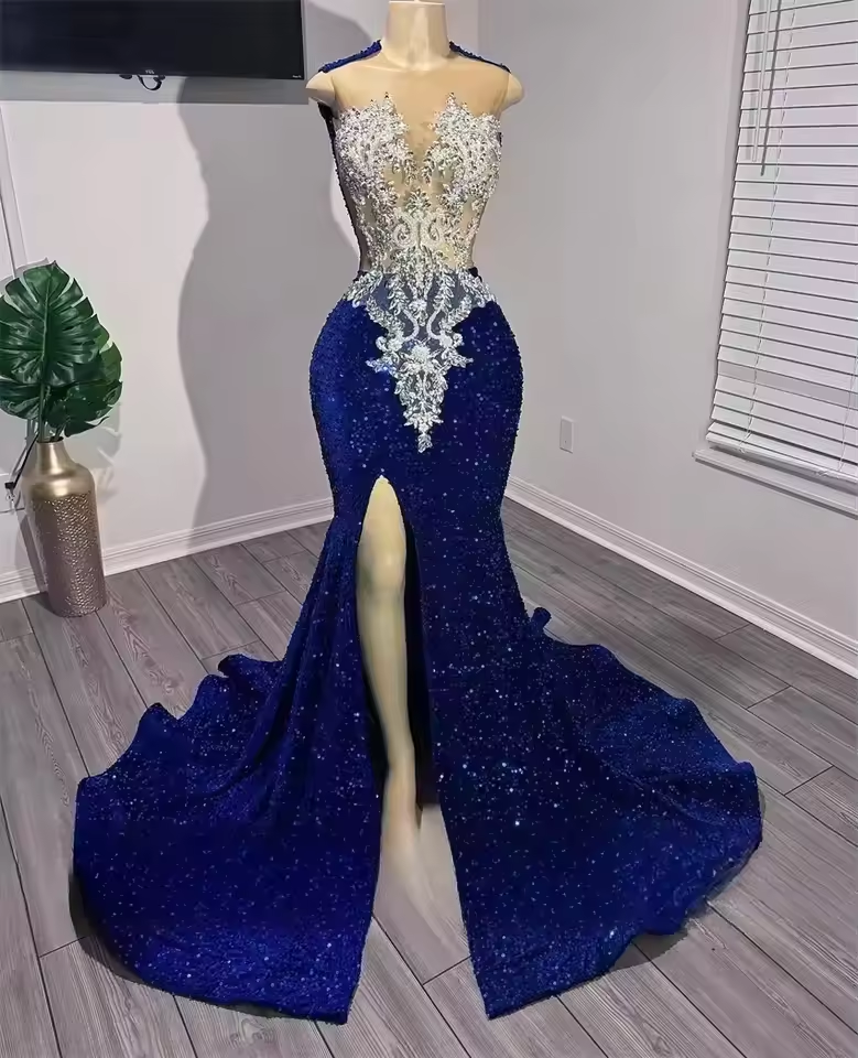 Luxury Royal Blue Lace Beaded Prom Dresses For Black Girl 2025 Sequins Front Split Wedding Reception Party Gown Customized
