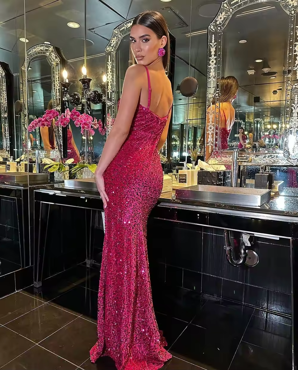Sexy Side Split Evening Dress Spaghetti Strap Backless Mermaid Prom Dress Sequin Velour Night Party Dress Customized