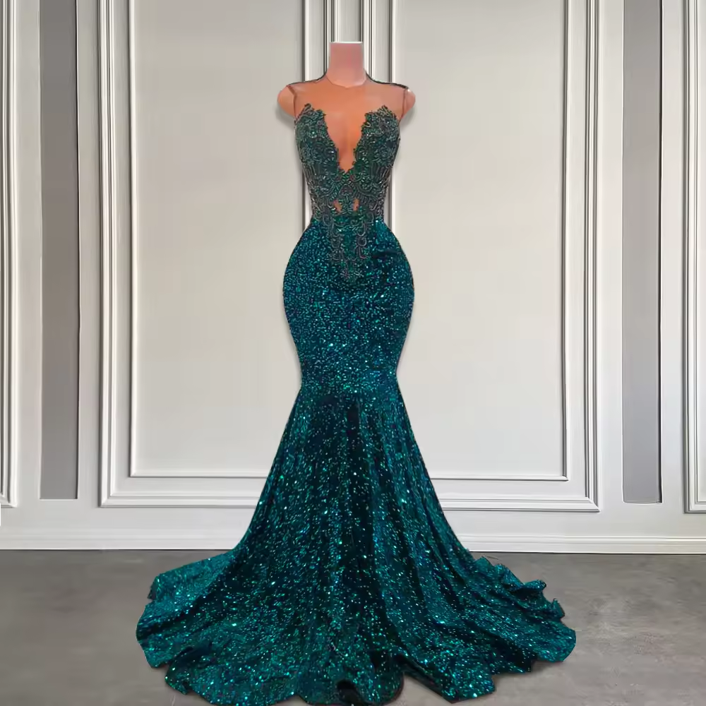 Teal Sequin Formal Party Prom Gowns 2025 Sparkle Beaded Bodice Mermaid Black Girls Luxury Green Prom Dresses Customized