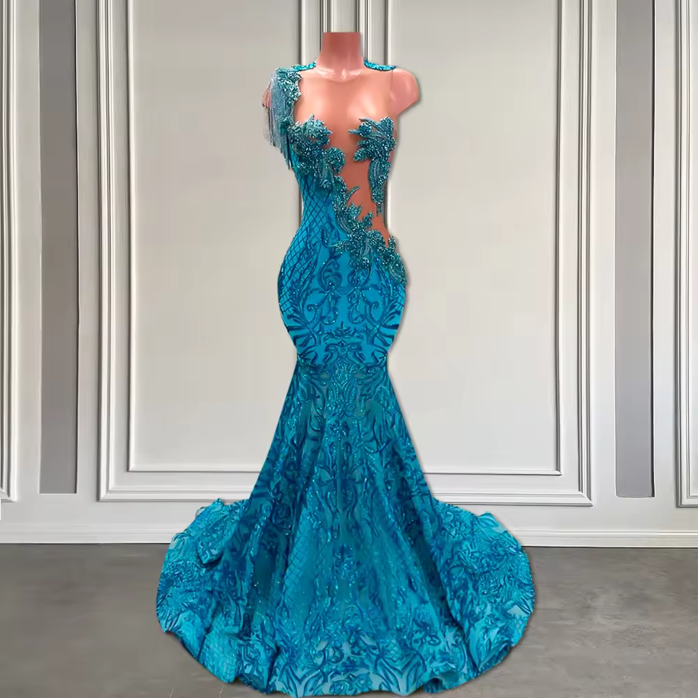 Sparkly Lace Peacock Blue Prom Dress Long 2025 Luxury Beaded Black Girls Mermaid Fitted Prom Gowns with Tassel Customized