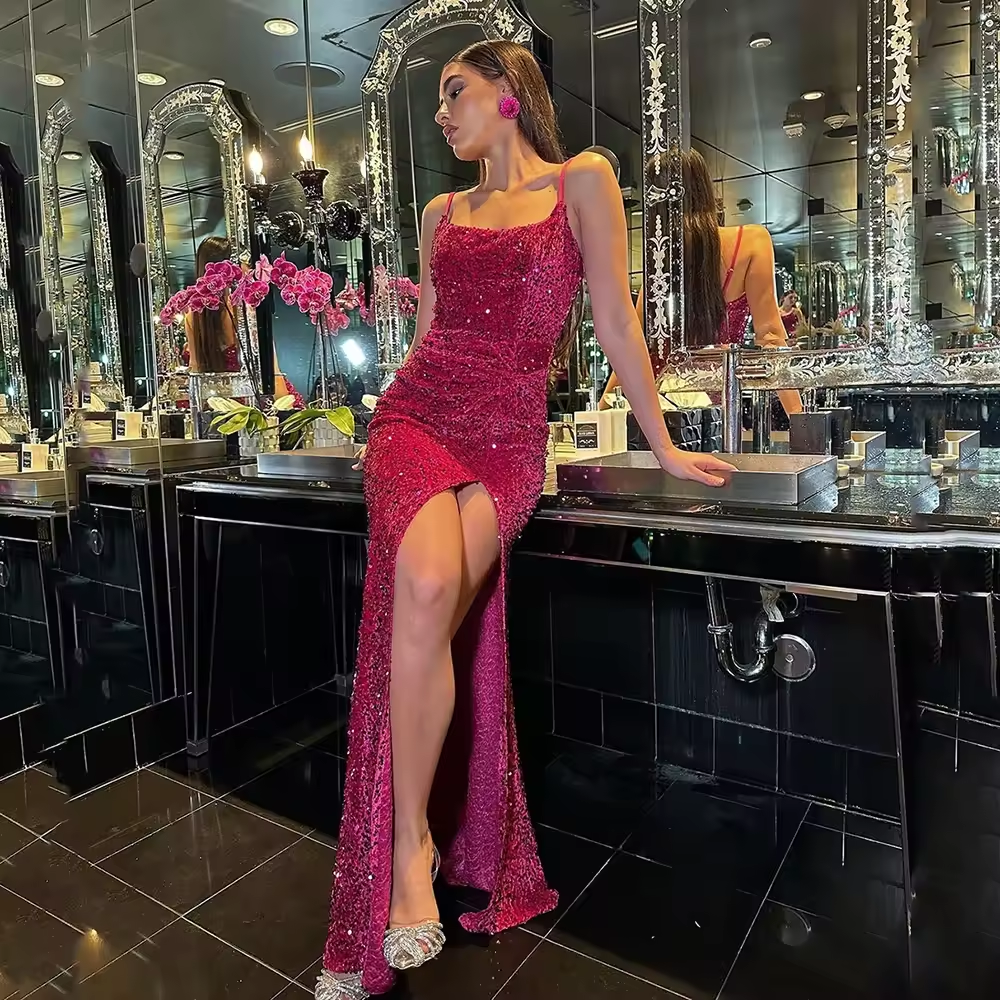 Sexy Side Split Evening Dress Spaghetti Strap Backless Mermaid Prom Dress Sequin Velour Night Party Dress Customized