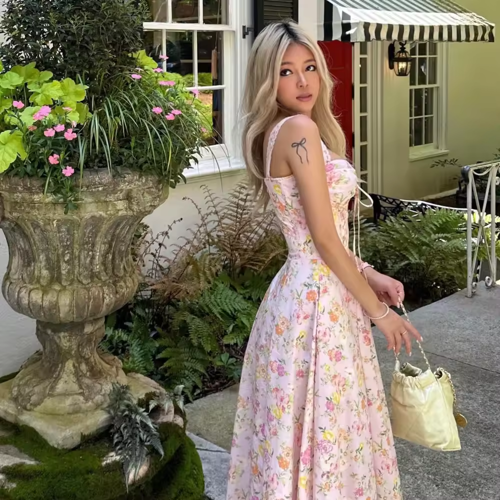 Summer Elegant Midi Dress New Arrivals Floral Print Casual Holiday Party Dress Flare Women Dress