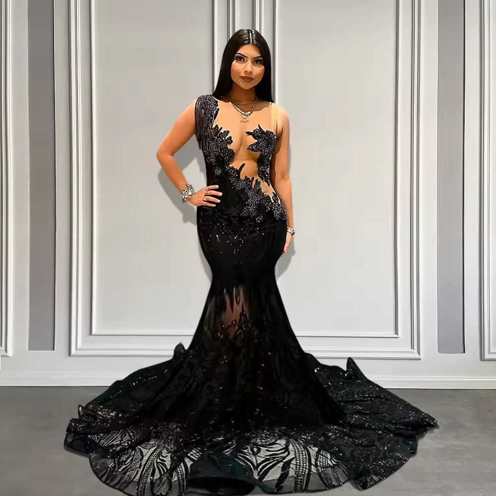 Elegant Green Mermaid Prom Gowns for Black Girls Luxury Beaded Crystals Lace Long Prom Dresses 2025 Sleeveless Customized