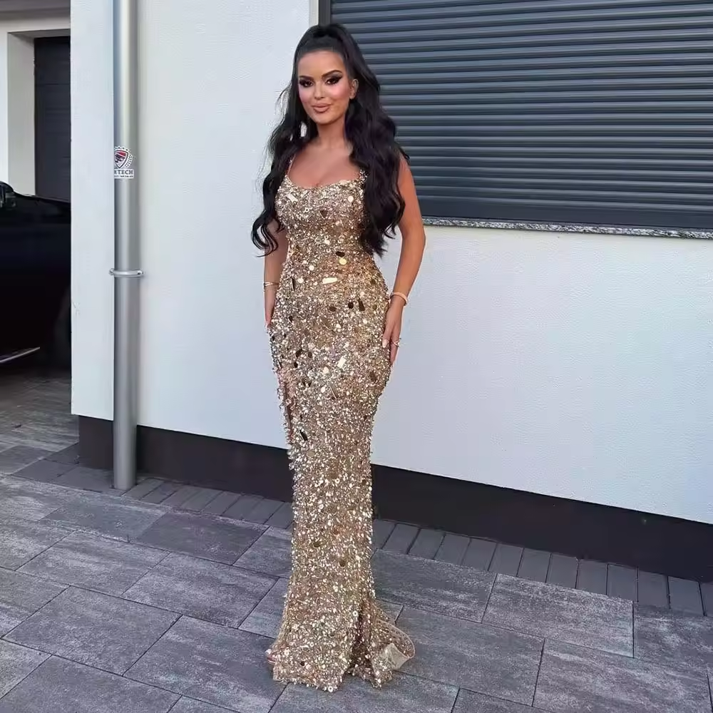 Square Neck Gold Sequin Backless Maxi Evening Dress for Women Wedding Party Gowns Graduation Party Dresses Customized