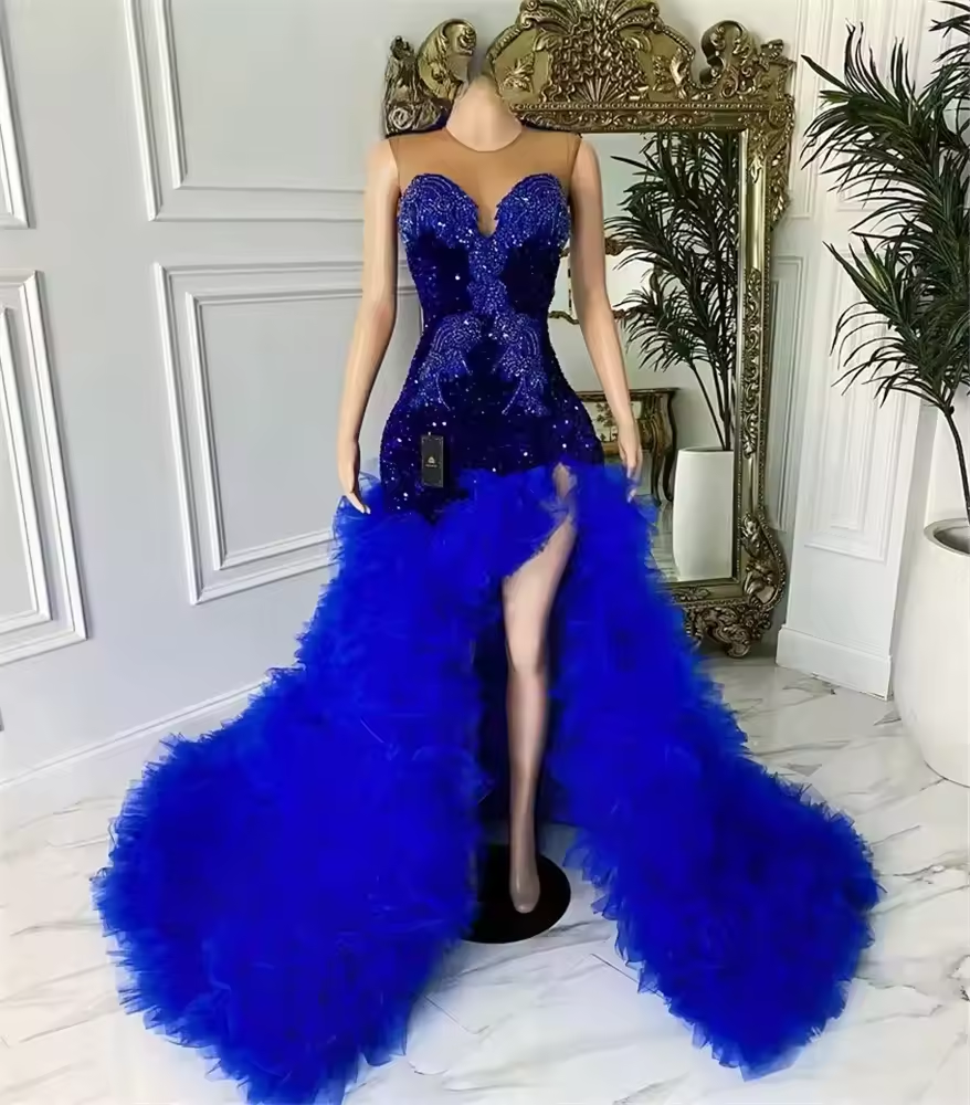 Exquisite Royal Blue Mermaid Prom Dress Tiered Ruffle Sequins Crystal Rhinestones Bead Luxury Birthday Party Gown Customized
