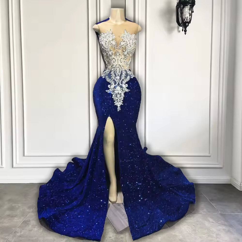 Luxury Royal Blue Lace Beaded Prom Dresses For Black Girl 2025 Sequins Front Split Wedding Reception Party Gown Customized