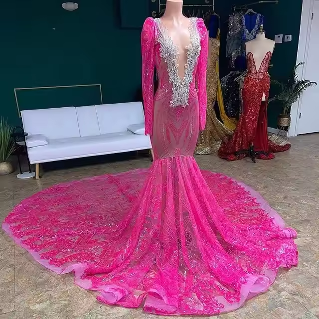Fuchsia African American Prom Dresses Mermaid V-neck Lace Beaded Black Girls Nigeria Robe De Soiree Evening Dresses Gown