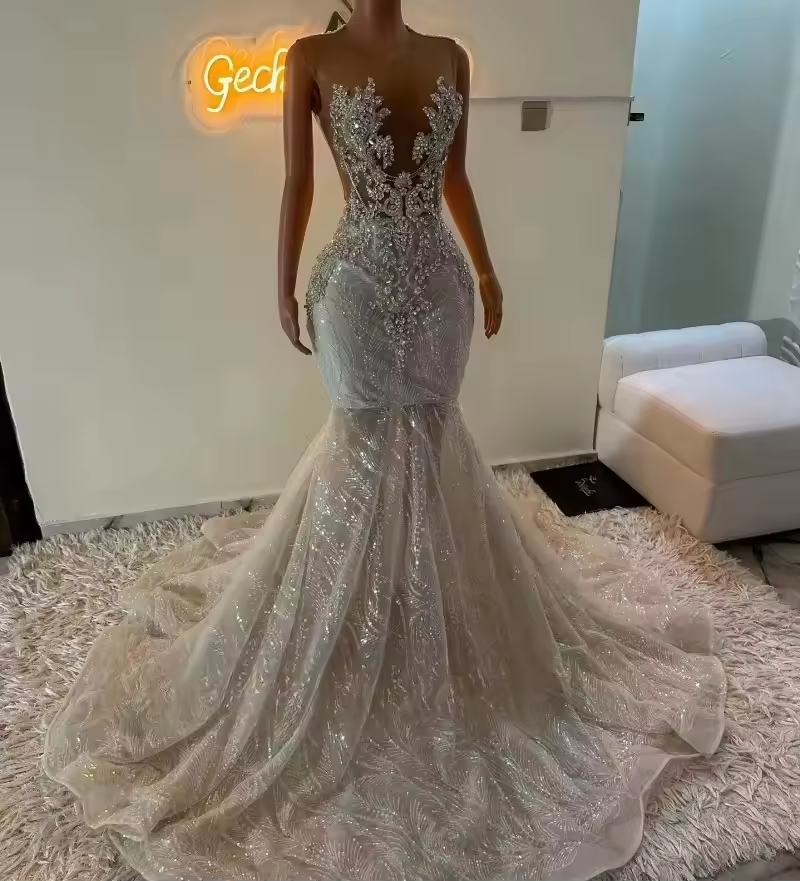 Luxury Silver Prom Dresses 2025 Black Girl Sequin Beading Mermaid Party Gowns African Women Crystal Evening Dress Customized
