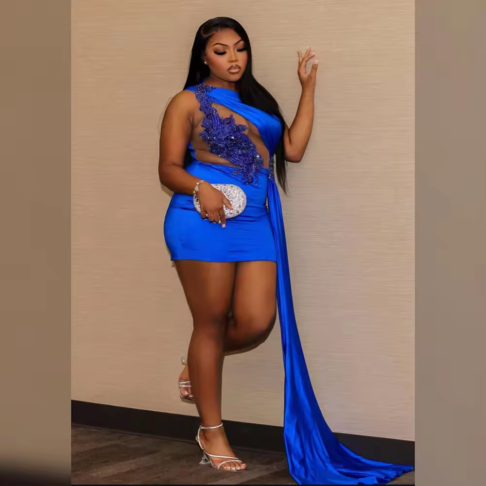 Sexy Short Prom Dresses for Black Girl 2025 Sheer Rhinestone Bead Appliques Sheath Birthday Party Evening Gown Customized