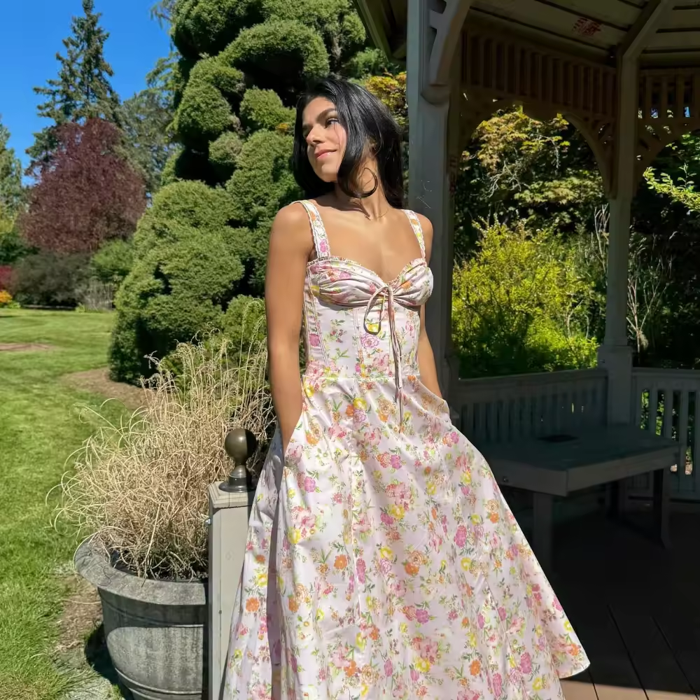 Summer Elegant Midi Dress New Arrivals Floral Print Casual Holiday Party Dress Flare Women Dress