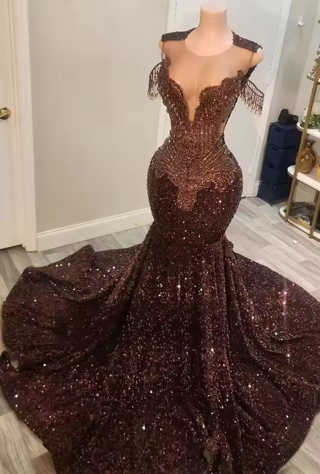 Brown Prom Dresses 2025 Luxury Black Girls Rhinestone Mermaid Evening Gowns Sequin Party Dress Gala Long Customized