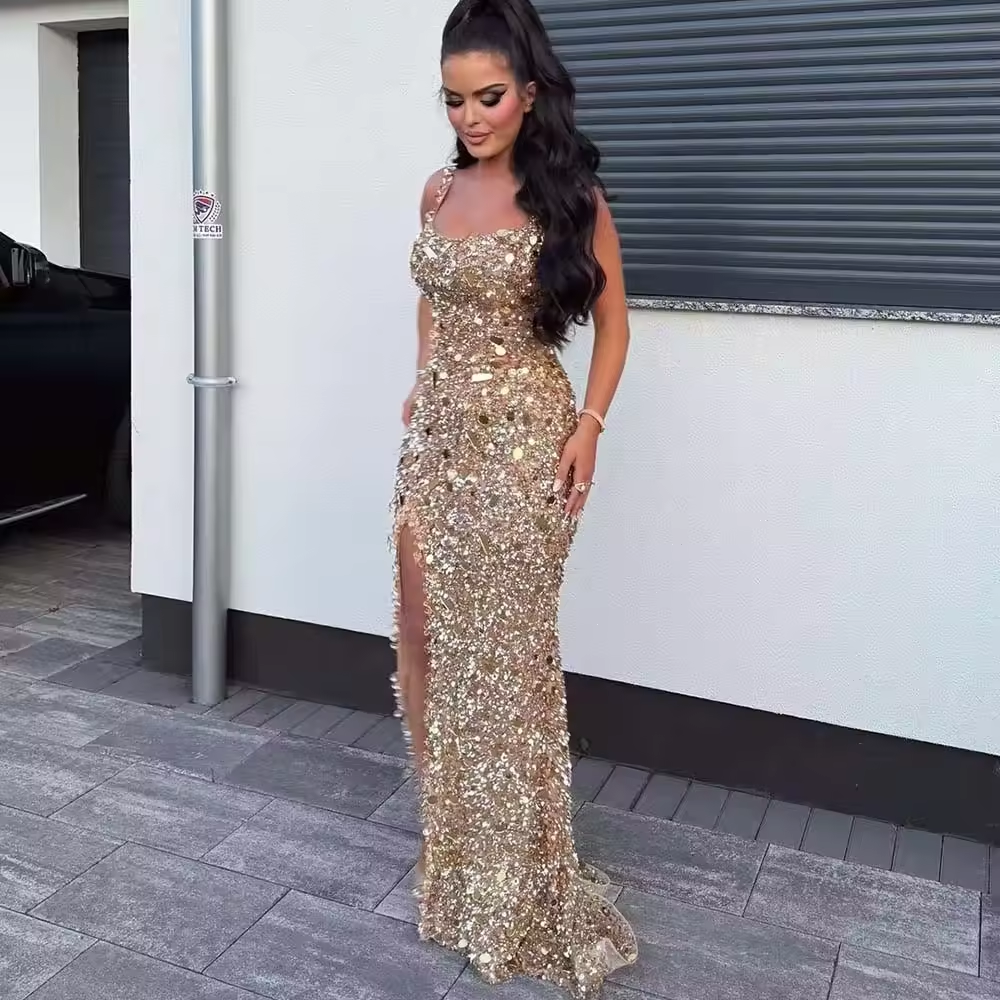 Square Neck Gold Sequin Backless Maxi Evening Dress for Women Wedding Party Gowns Graduation Party Dresses Customized