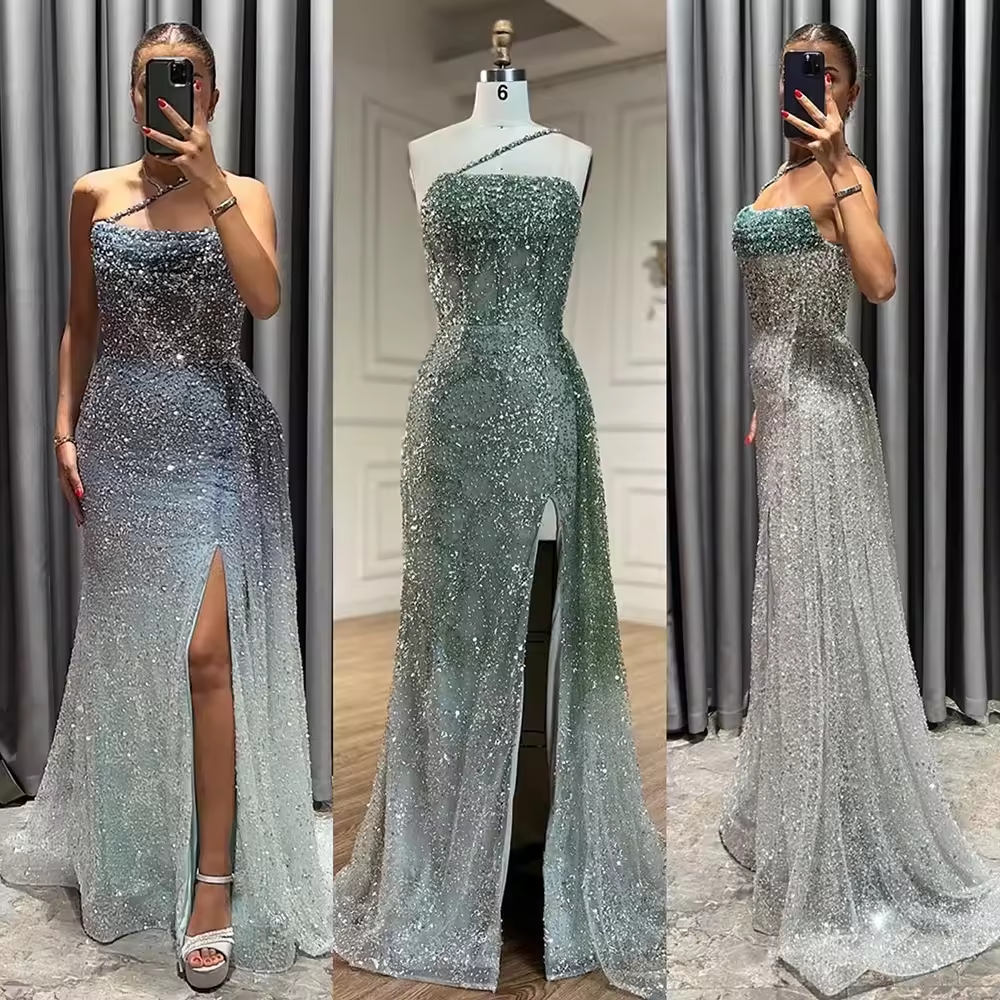 Luxury Ombre Blue Mermaid Evening Dresses with Slit Overskirt Sage Green Long Wedding Party Gowns