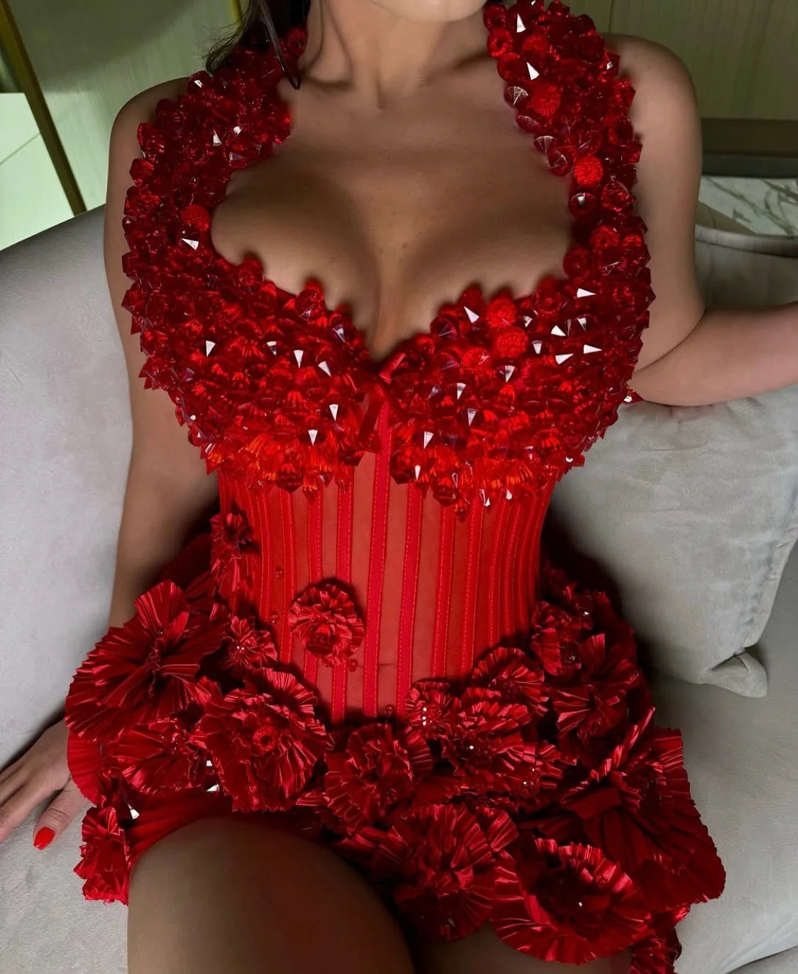 Red Blossom Mini Dress Women Beaded Flowers Short Prom Party Dresses Sleeveless Charming Floral Mini Cocktail Dress Formal Gown