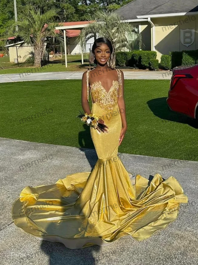 Gold High Luxury Cocktail Dresses New Black Girls Style Tassel Sequins Prom Dresses Sexy Glitter Gowns Party Dresses