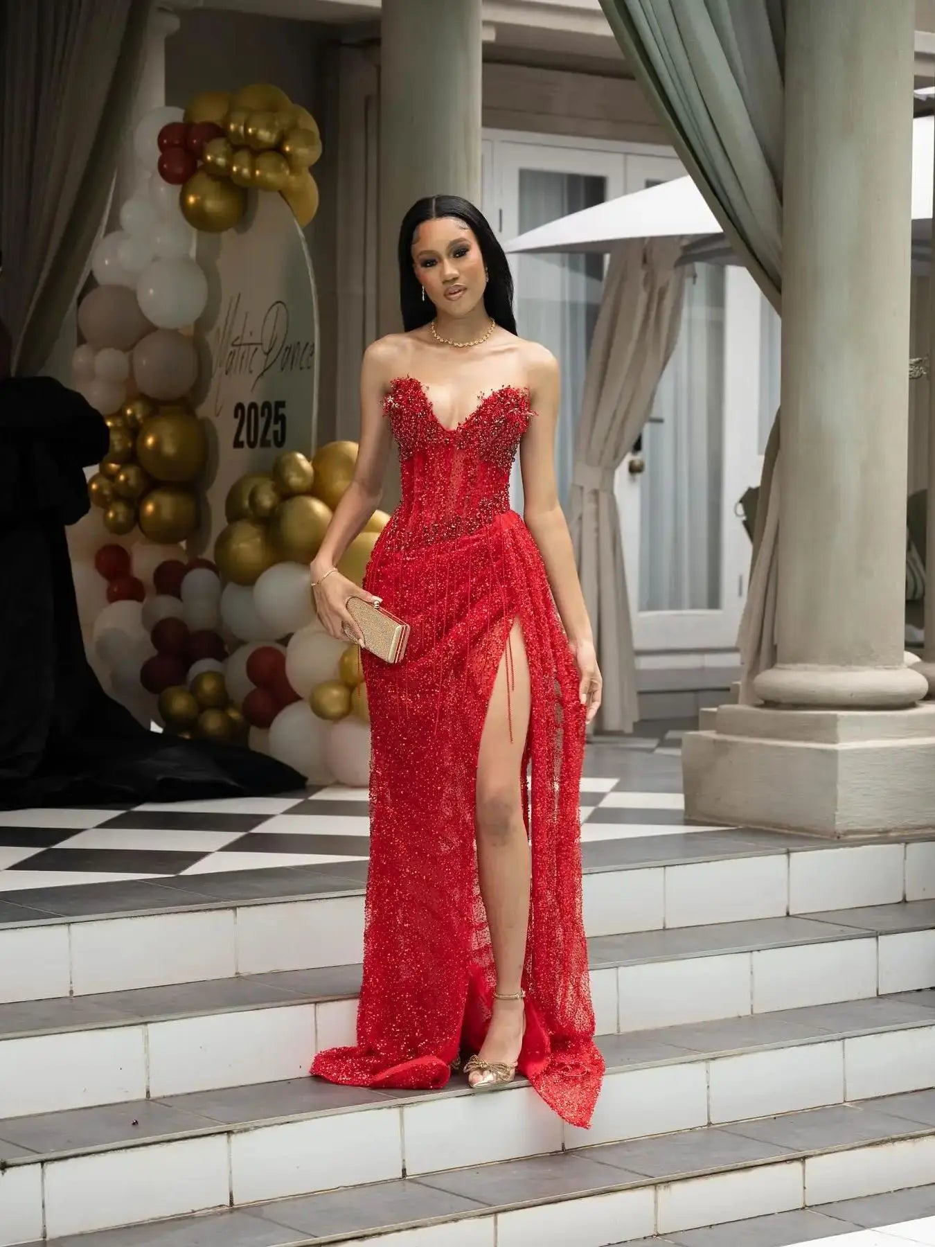 Sexy Red Beading Tassel V Neck Side Slit Prom Dress Glittering Sequins Crystal Luxury Prom Wedding Party Gowns