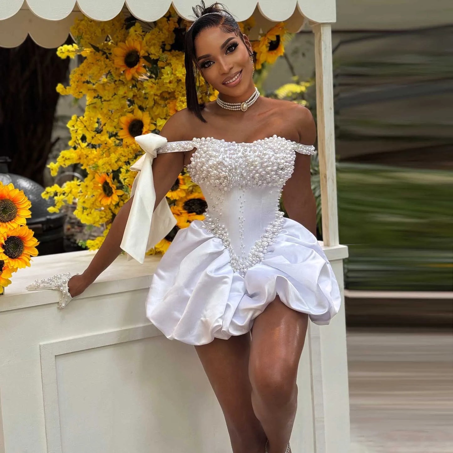 Luxury Pearls White Mini Dress Women Formal Party Dresses Hand Beaded Short Prom Gown Bow Sleeves Wedding Party Dress Custom