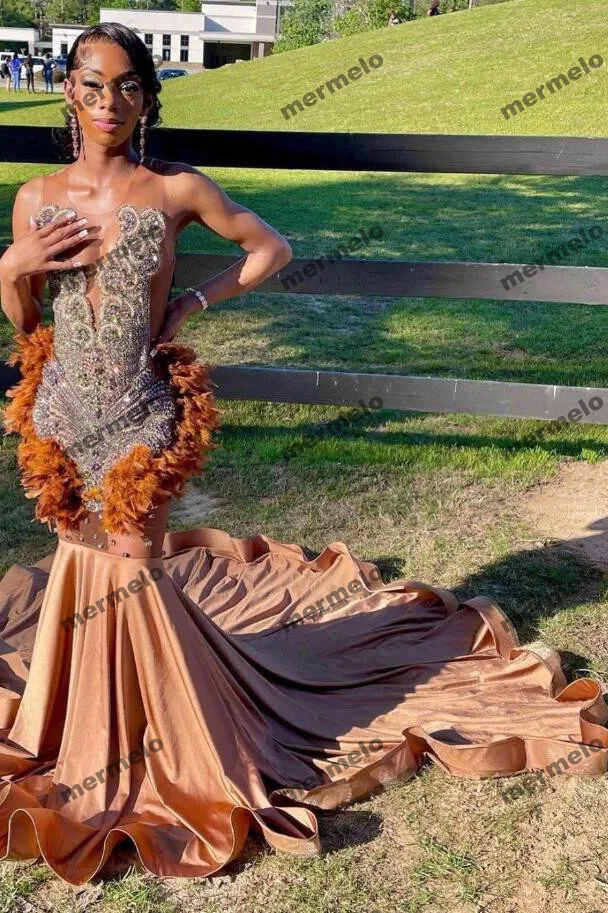 Brown Ostrich Feathered Short Prom Dress for Black Girl Luxury Diamond Crystal African Birthday Homecoming Gown