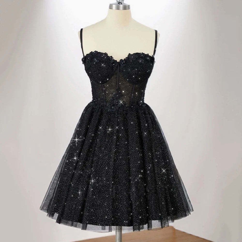 Romantic Lace Prom Gowns Sexy Spaghetti Straps Homecoming Dress Dress Sweetheart Shiny Party Dresses New Arrival فساتين سهرة