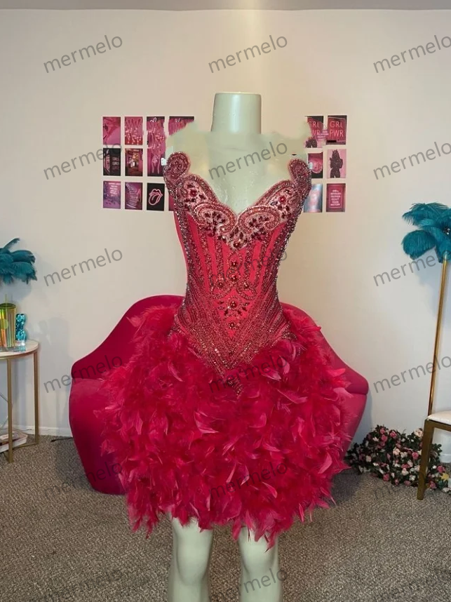 Luxurious Red Feather Short Cocktail Dresses Sexy Beaded Crystal Rhinestone