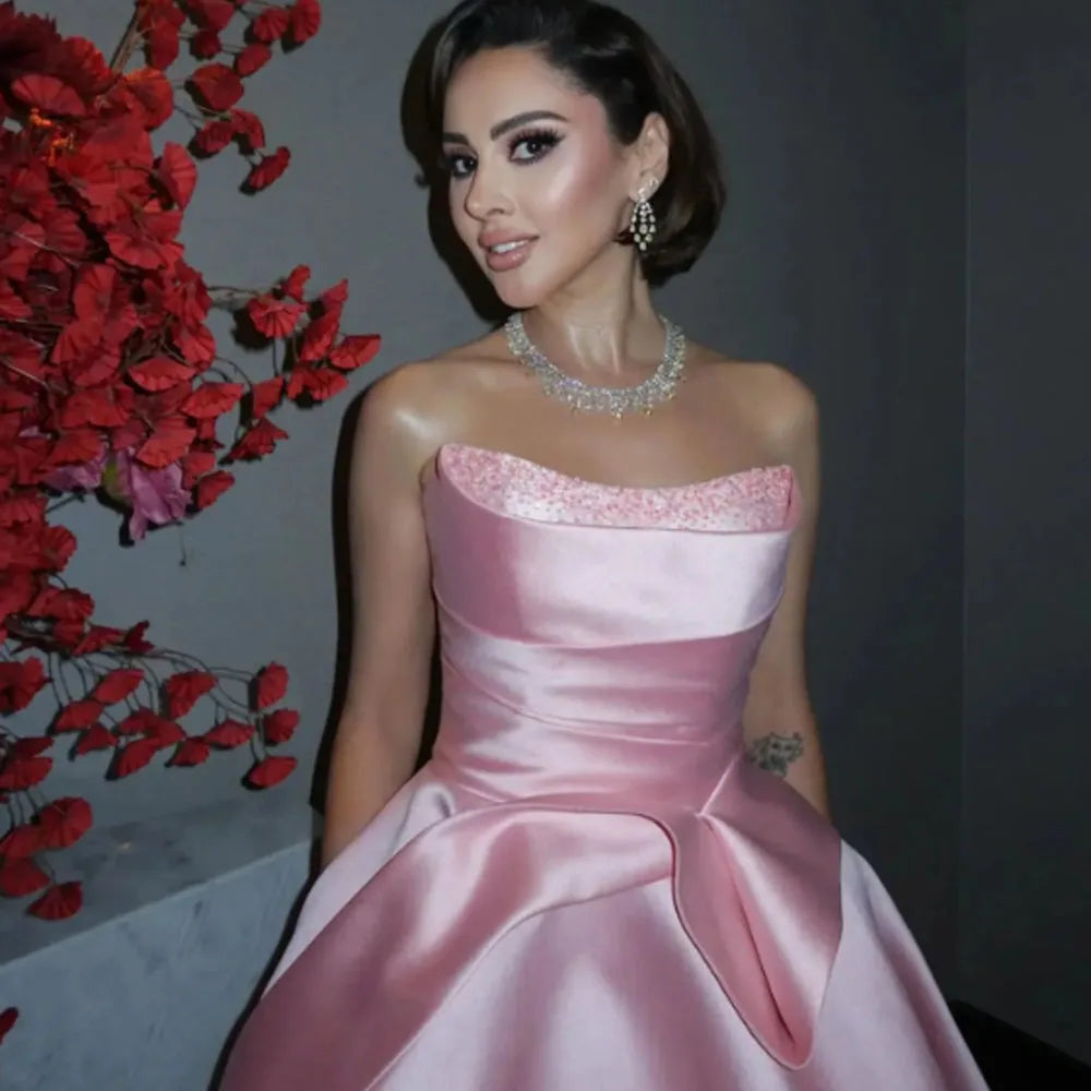 Pink Princess Evening Dresses Strapless Beads Sequins A Line Beach Summer Holiday Wear Prom Dress Celebrity Birthday Party Gowns