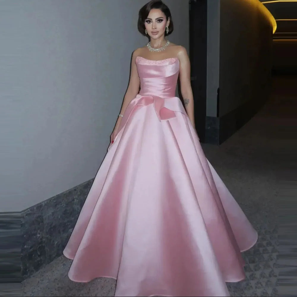 Pink Princess Evening Dresses Strapless Beads Sequins A Line Beach Summer Holiday Wear Prom Dress Celebrity Birthday Party Gowns