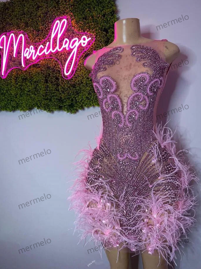 Pink Sparkly Short Prom Homecoming Dresses Luxury Crystal Feather Sheer Mesh