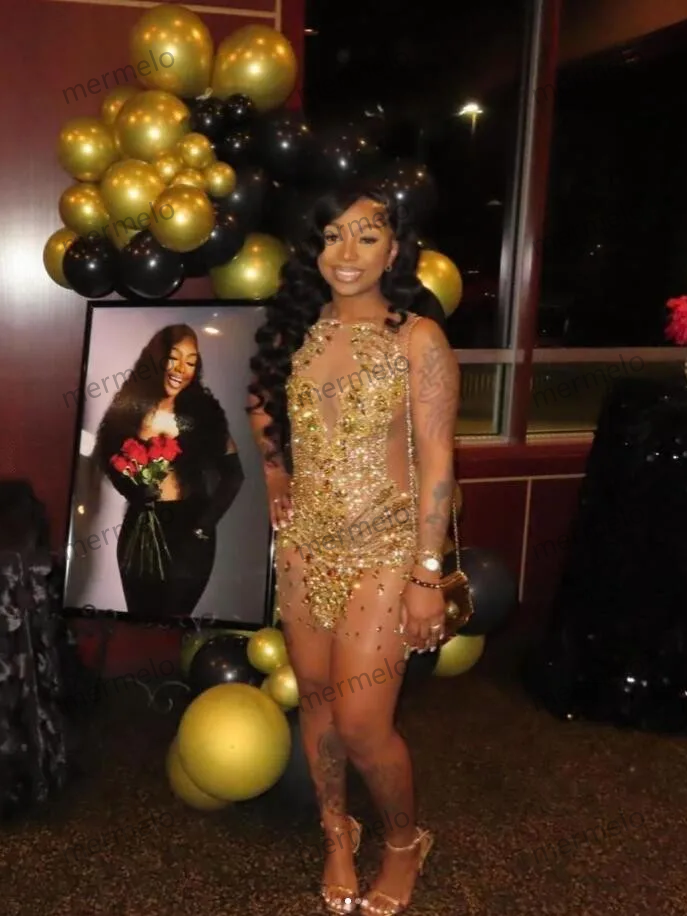 Sparkly Gold Short Prom Homecoming Dresses Sheer Mesh Crystal Beaded Black Girl Graduation Gown