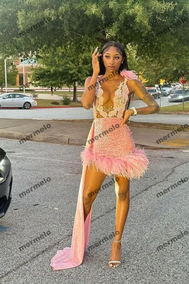 Luxury Short Pink Prom Homecoming Dress with Train Applique Crystal Black Girl Birthday Celebrity Gown