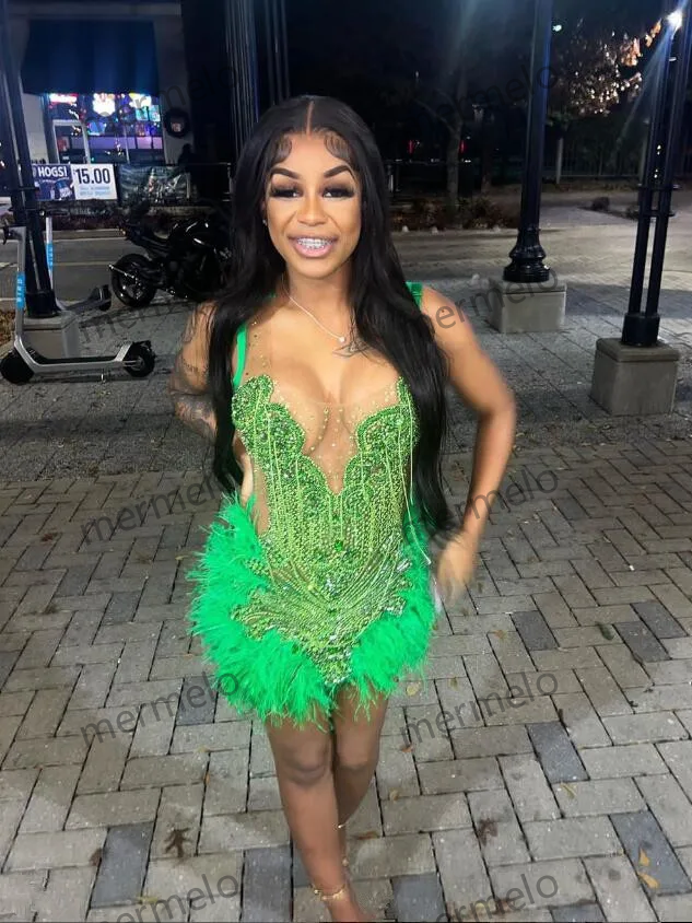 Green Diamond Crystal Birthday Homecoming Party Dress Beaded
