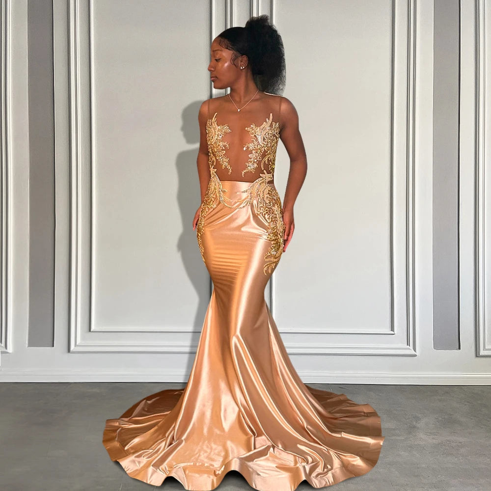 Gold Sheer O Neck Long Mermaid Prom Dresses Black Girl 2025 Sparkly Crystal Beads Elegant Satin Birthday Luxury Dress Customized
