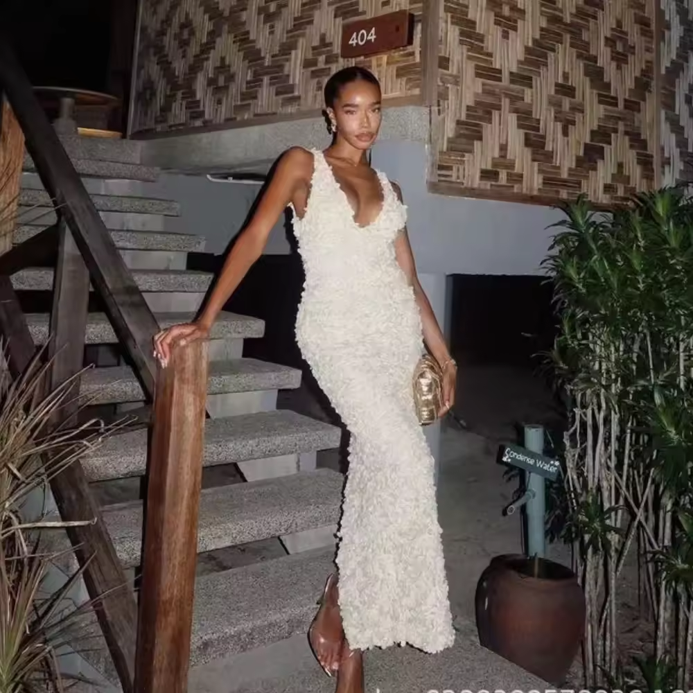 Elegant Flower Applique Party Dresses New Arrivals V Neck Bodycon Mesh Dress Sexy Long Maxi Dress Women