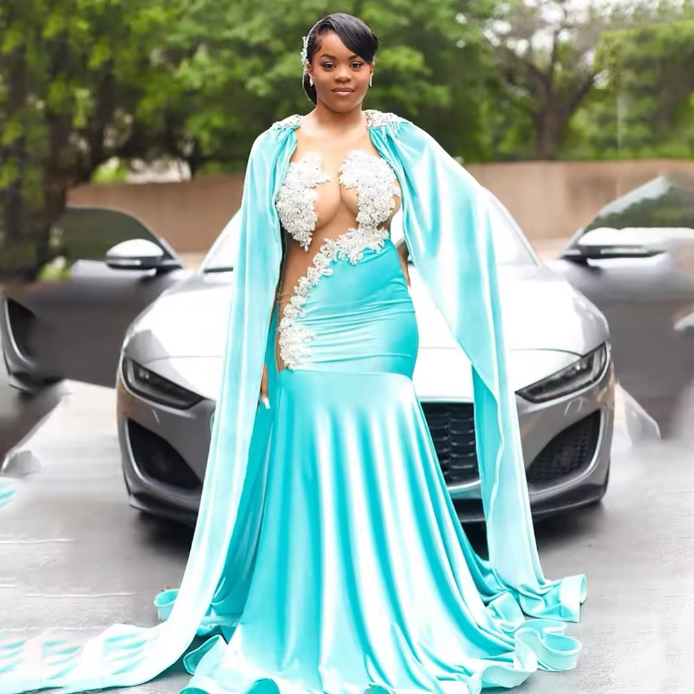 2025 Sexy Long Mermaid Prom Dresses For Black Girls Sheer Applique African Women Birthday Party Evening Gown Customsized