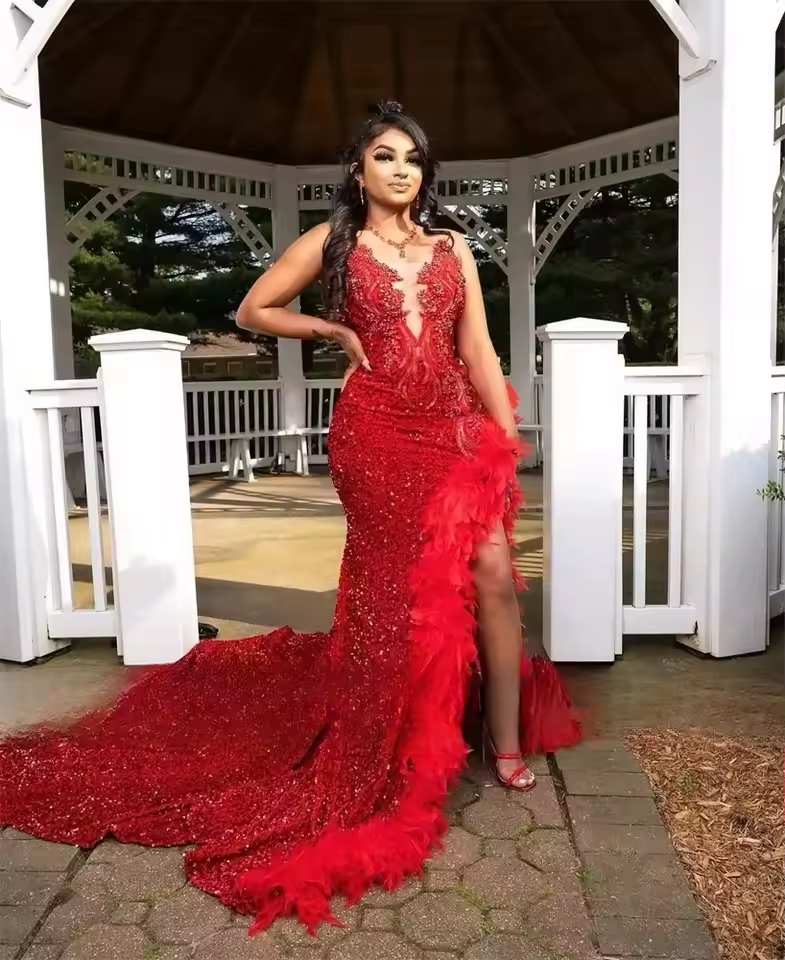 Red Sequins Feathers Prom Dress For Black Girl 2025 Crystal Beaded High Slit African Wedding Party Gown Formal Dress Customized