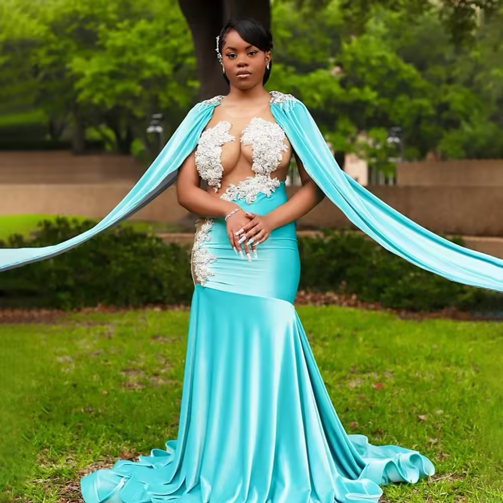 2025 Sexy Long Mermaid Prom Dresses For Black Girls Sheer Applique African Women Birthday Party Evening Gown Customsized