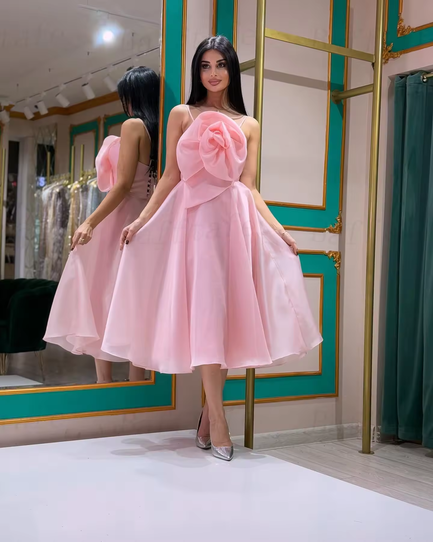 A Line Pink Organza Midi Prom Dresses Corset Flower Formal Party Bridesmaid Gowns Women Special Occasion Evening Dress