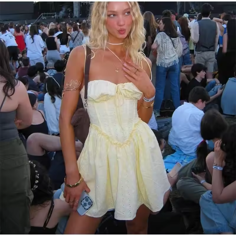 Summer Spaghetti Strap Corset Dress Sexy Short Flare A Line Party Dresses Yellow Elegant Jacquard Dress