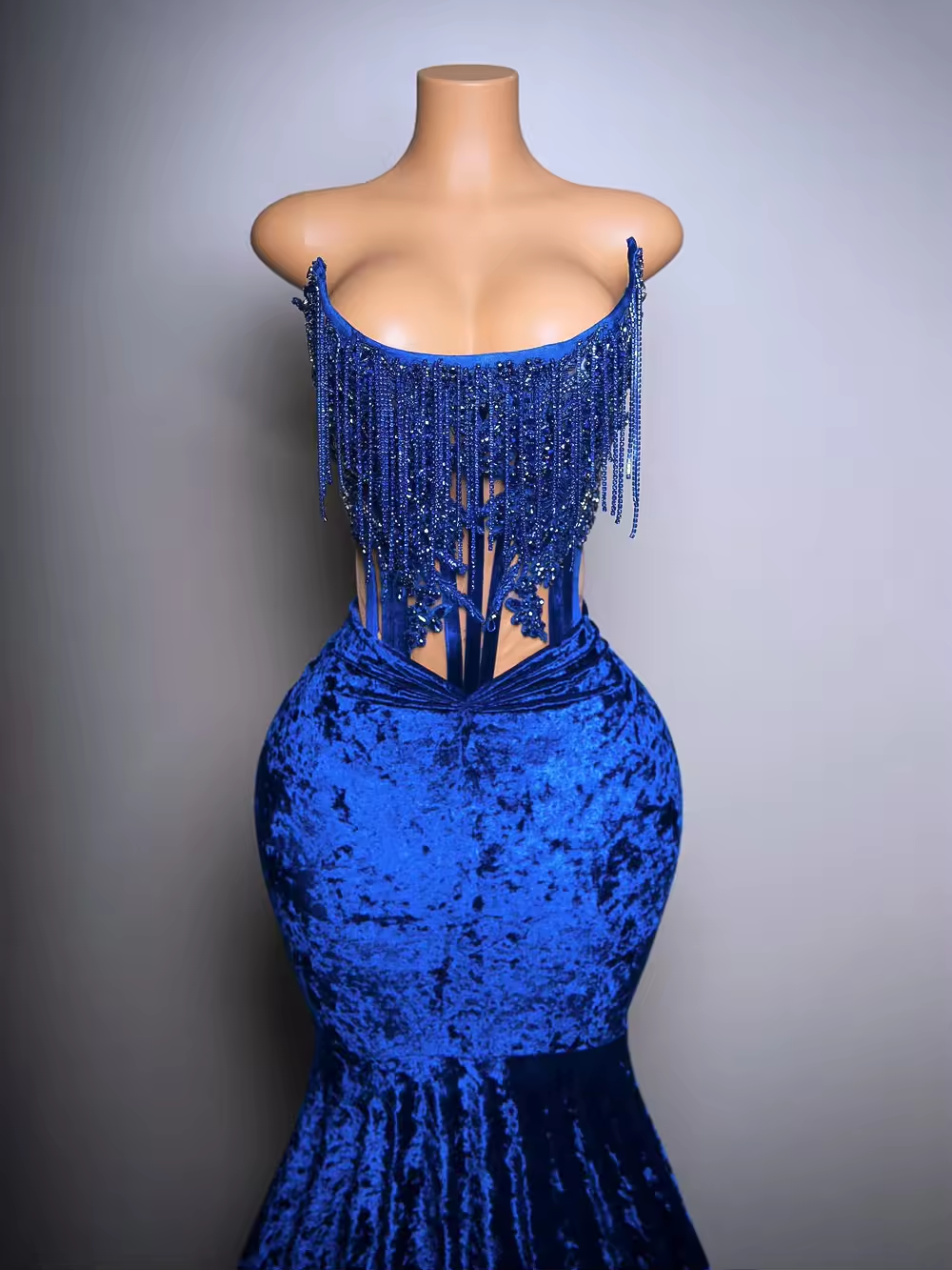 Blue Velvet Long Mermaid Prom Dresses for Black Girls Sexy Boning Lace-up Corset Strapless Formal Party Gala Gown Customized