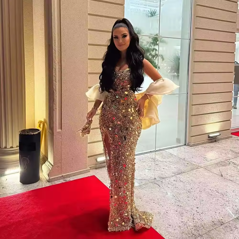 Square Neck Gold Sequin Backless Maxi Evening Dress for Women Wedding Party Gowns Graduation Party Dresses Customized