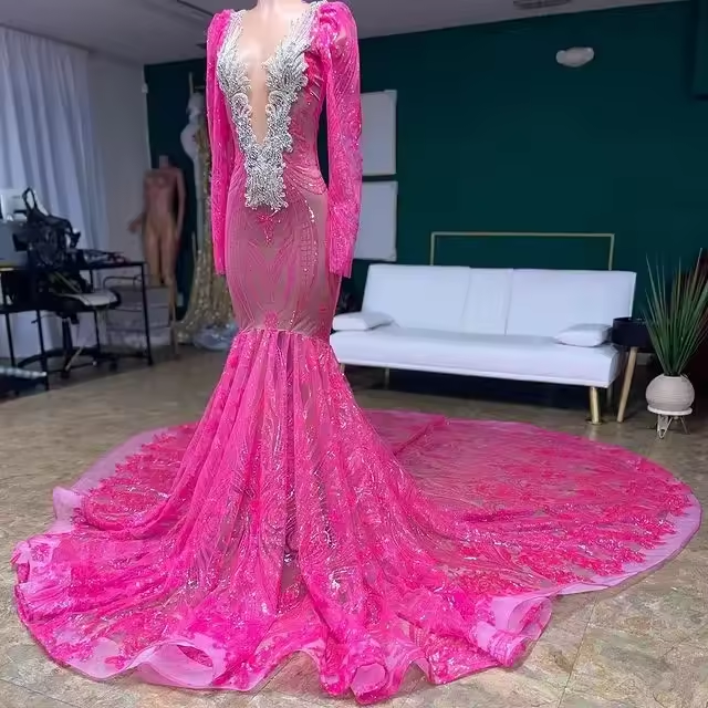 Fuchsia African American Prom Dresses Mermaid V-neck Lace Beaded Black Girls Nigeria Robe De Soiree Evening Dresses Gown
