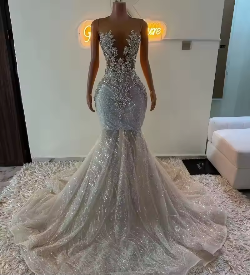 Luxury Silver Prom Dresses 2025 Black Girl Sequin Beading Mermaid Party Gowns African Women Crystal Evening Dress Customized