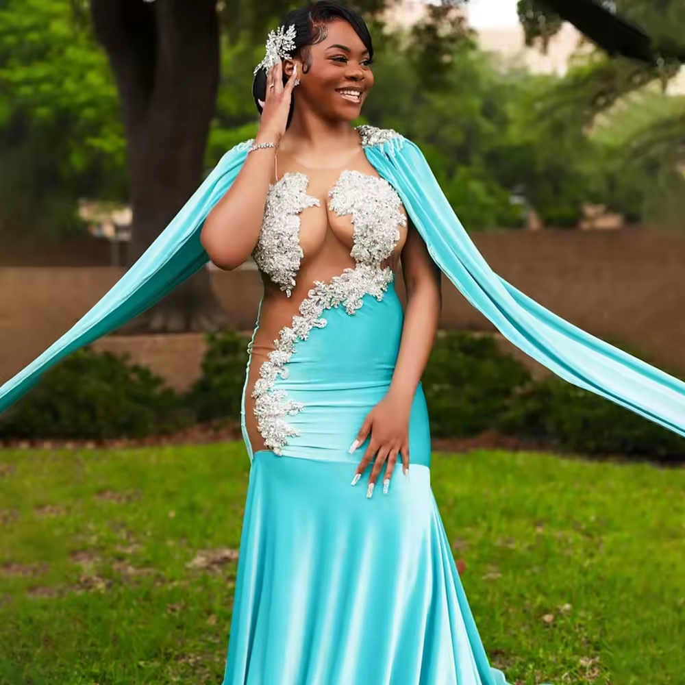 2025 Sexy Long Mermaid Prom Dresses For Black Girls Sheer Applique African Women Birthday Party Evening Gown Customsized