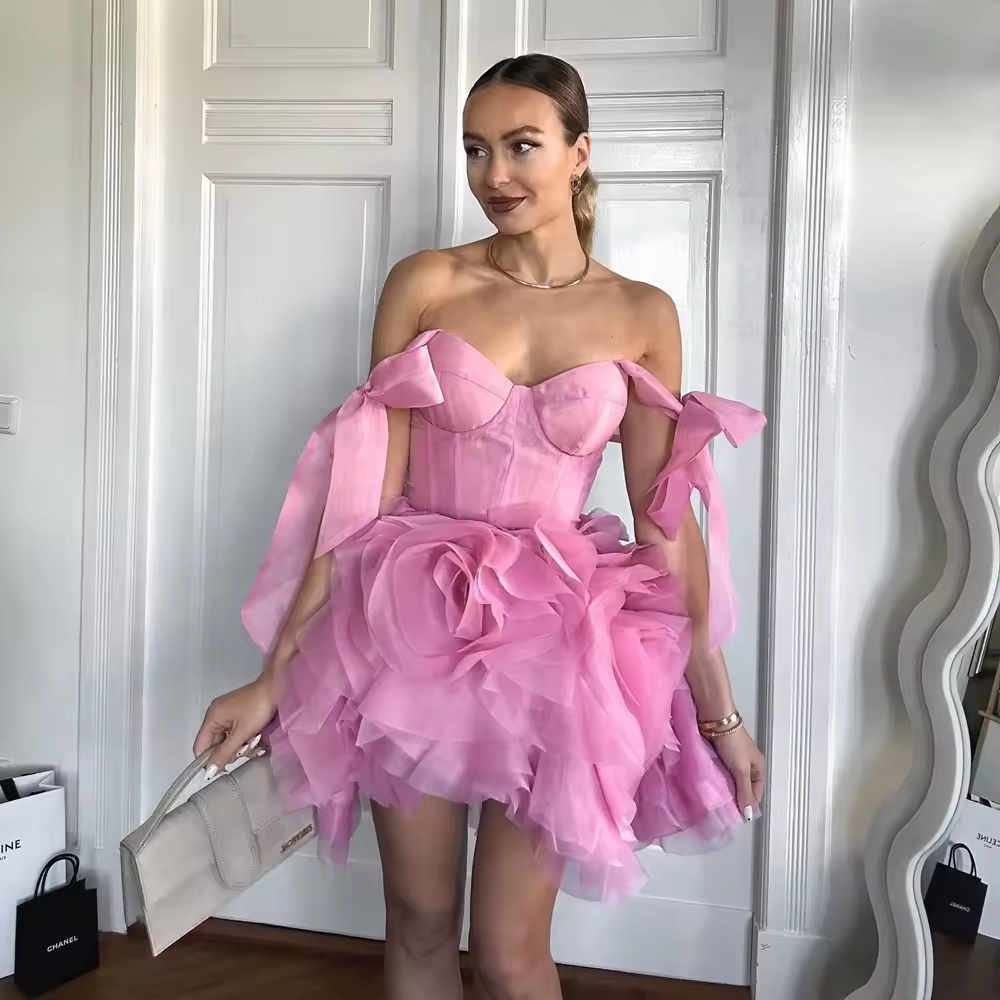 Pretty Handmade Flowers Prom Dresses Off The Shouder Bow Ruffles Tiered Tulle Mini Party Dress Puffy Mesh Pageant Gowns