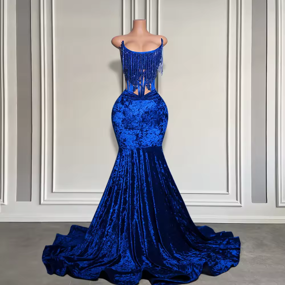 Blue Velvet Long Mermaid Prom Dresses for Black Girls Sexy Boning Lace-up Corset Strapless Formal Party Gala Gown Customized