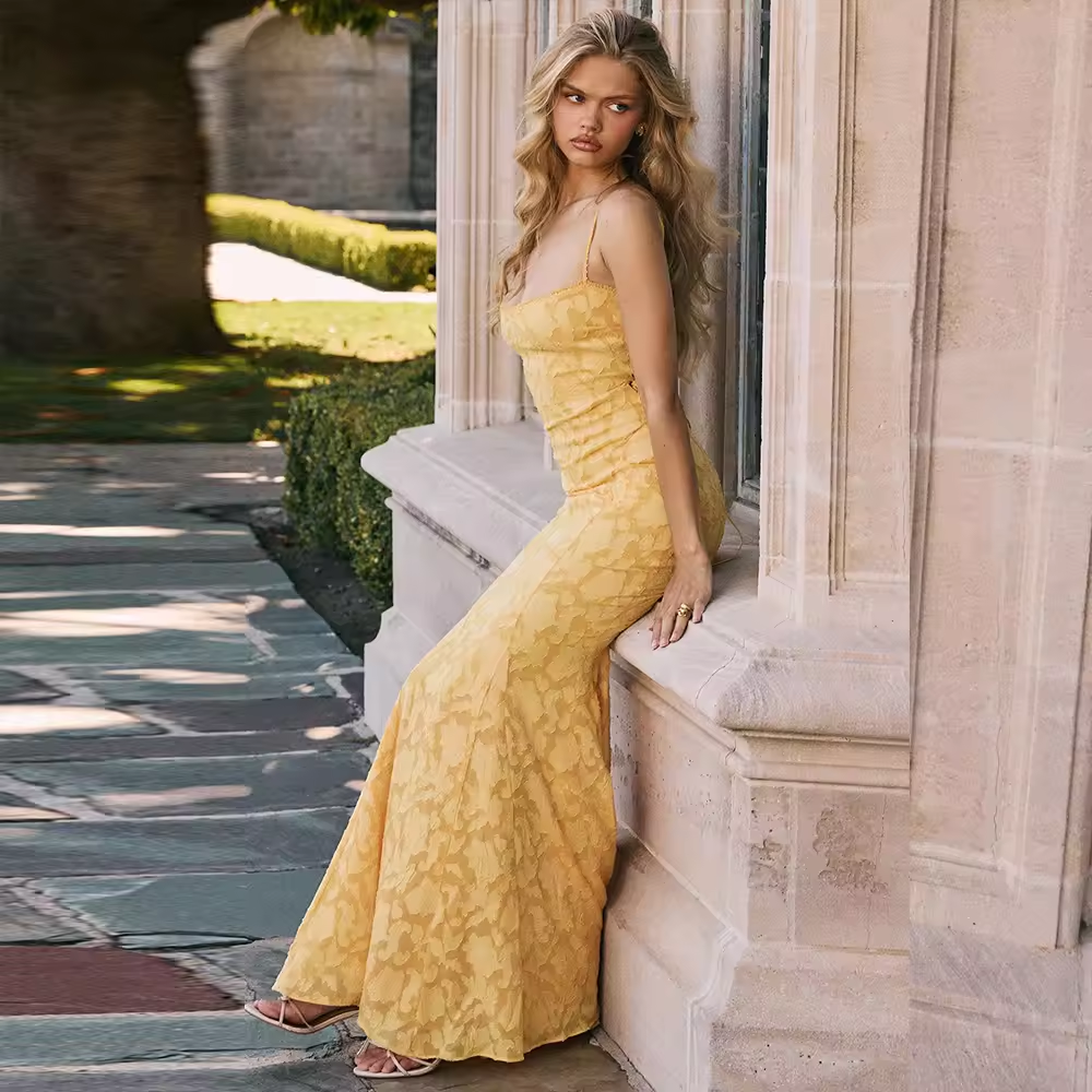 Backless Women's Evening Party Dress Sexy Lace Up Maxi Dress Sleeveless Orange Wedding Guest Dresses