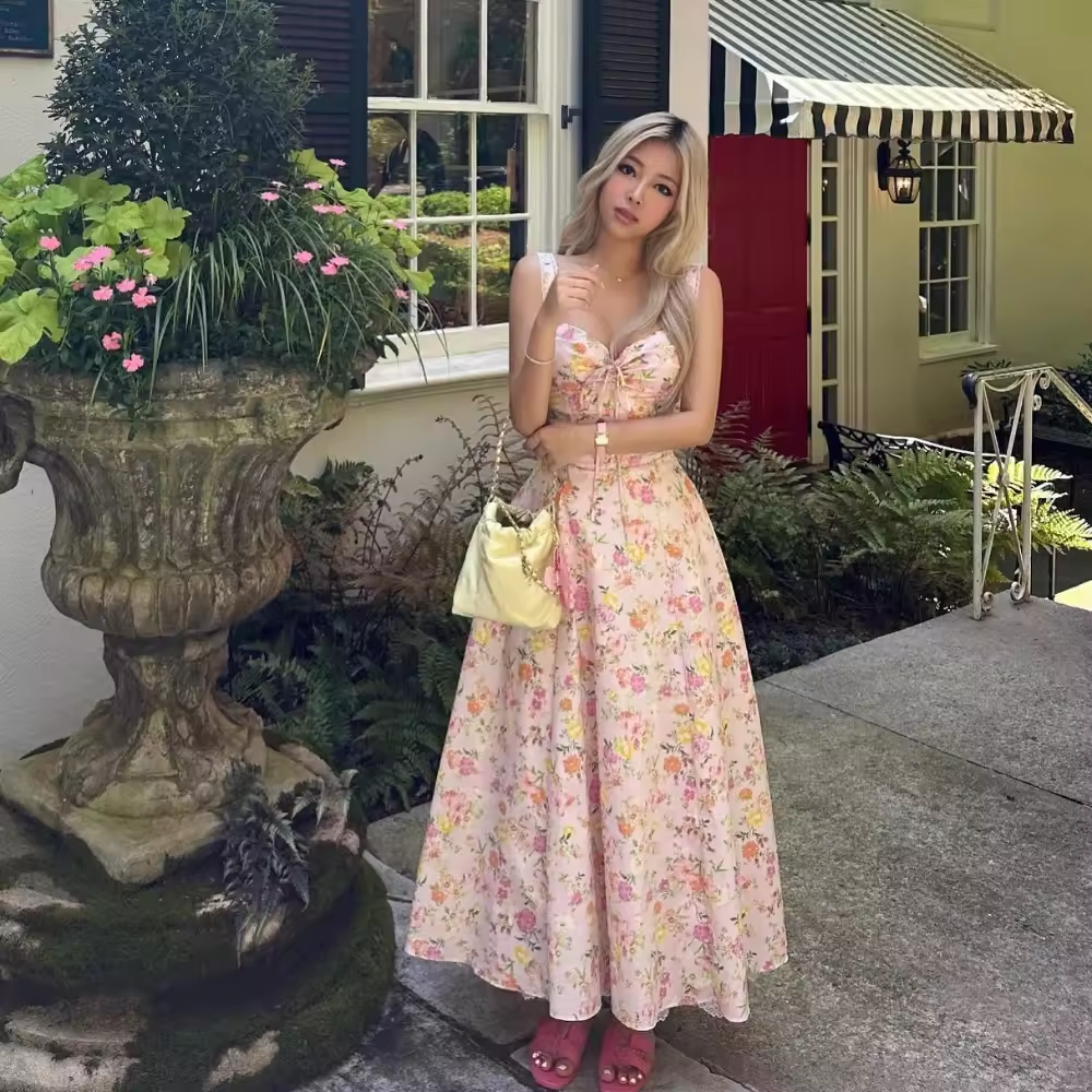 Summer Elegant Midi Dress New Arrivals Floral Print Casual Holiday Party Dress Flare Women Dress
