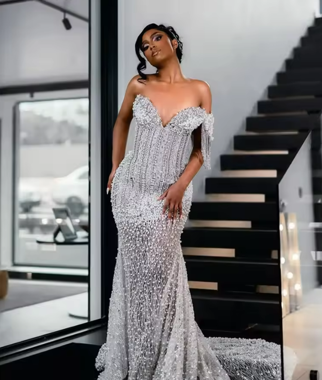 African White Pearls Mermaid Celebrity Dresses Aso Ebi Formal Evening Dress Engagement Party Gowns Vestidos De Noche Customized