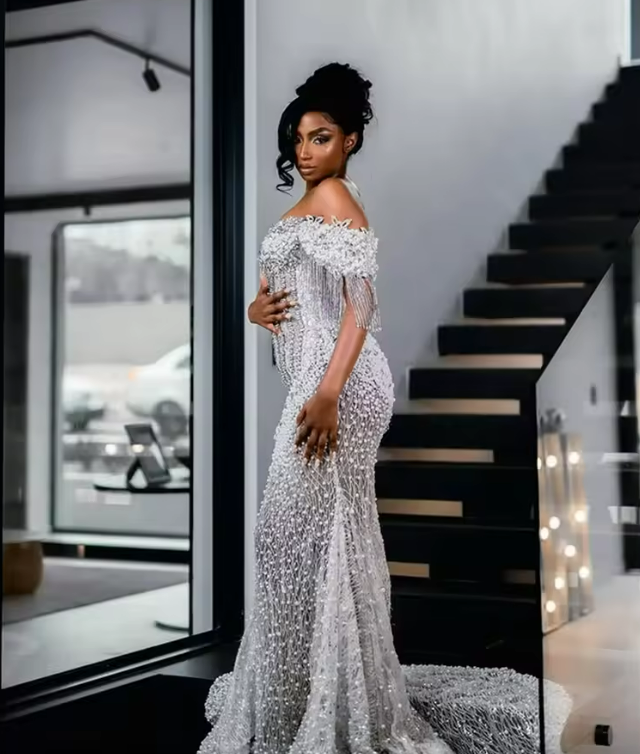 African White Pearls Mermaid Celebrity Dresses Aso Ebi Formal Evening Dress Engagement Party Gowns Vestidos De Noche Customized