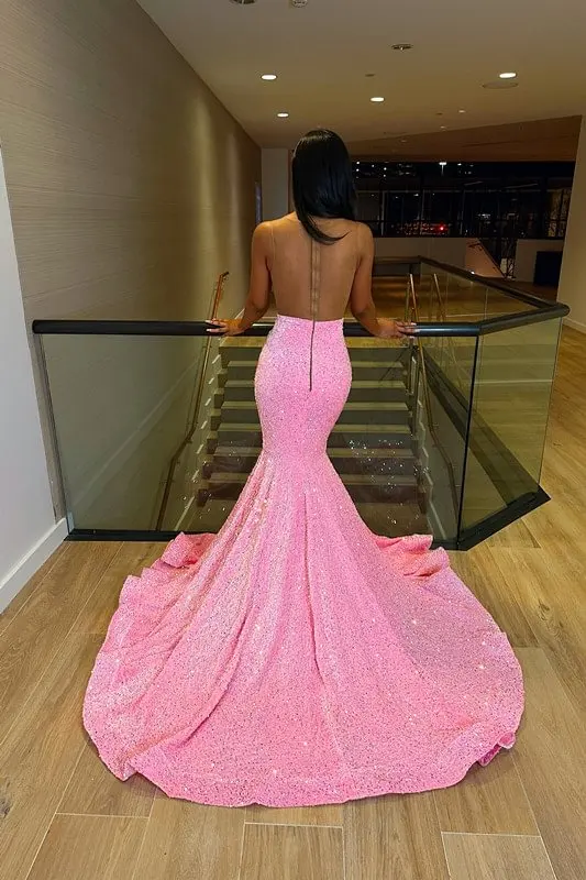 Luxury Pink Sequin Mermaid Long Prom For Black Girl Beads Crystals Birthday Party Gowns Formal Evening Dress فساتين السهرة