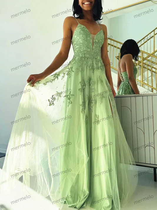 A-line Green Tulle with Lace Applique Prom Dress, Green Tulle Party Dress